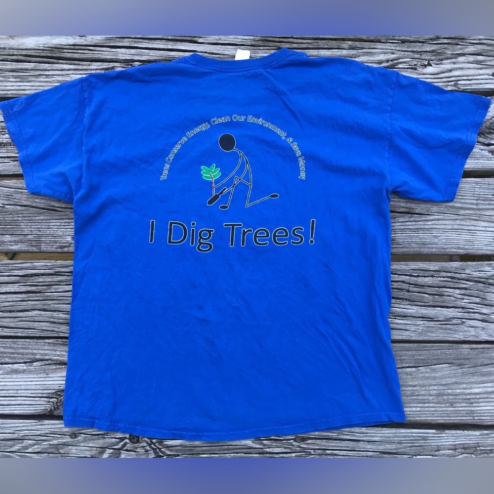 XL GILDAN Blue Front Back Graphic Recycle I Dig Trees Tee Tshirt Top Earth Day